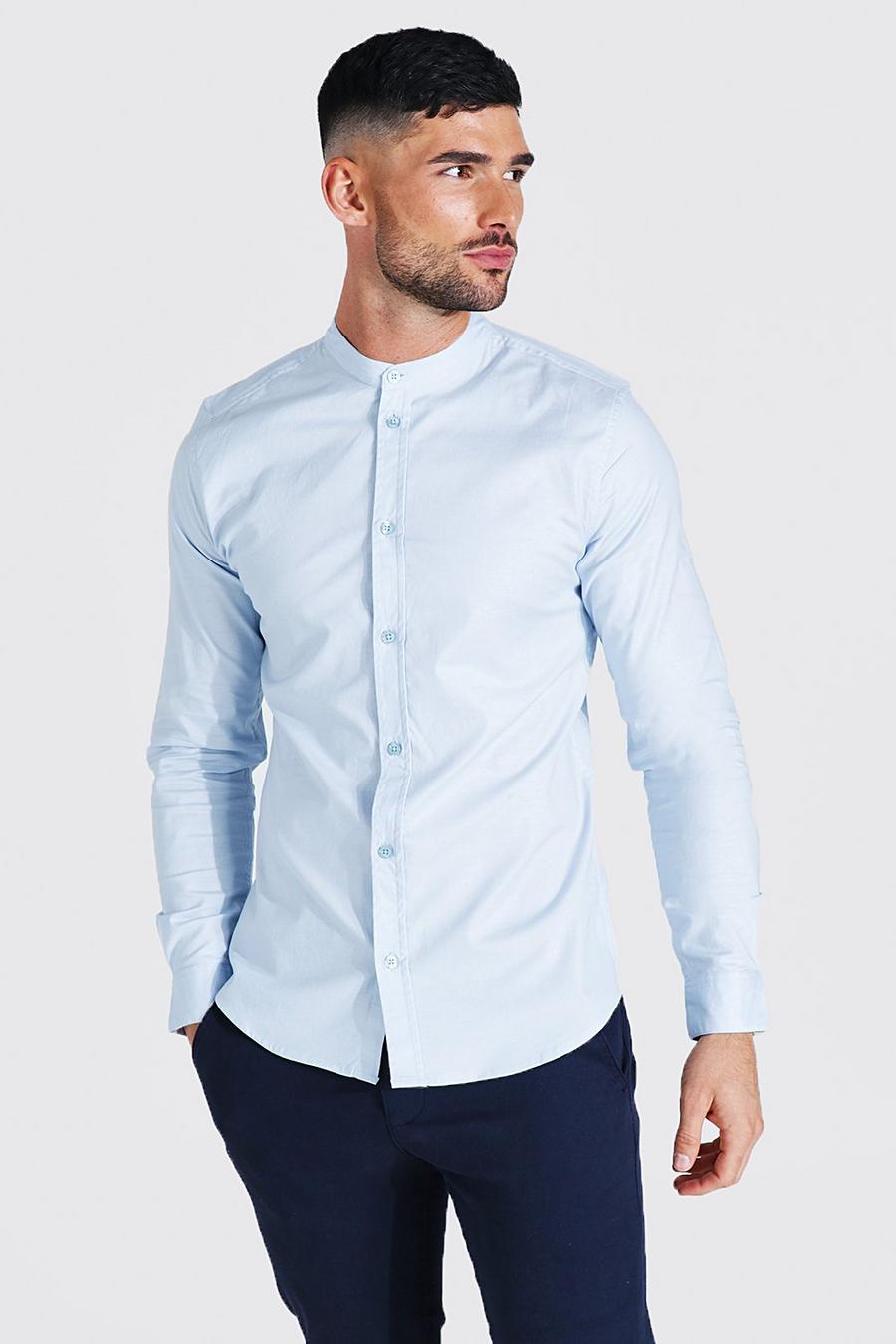 Camisa Oxford estilo grandad ajustada al músculo con cuello, Blue image number 1