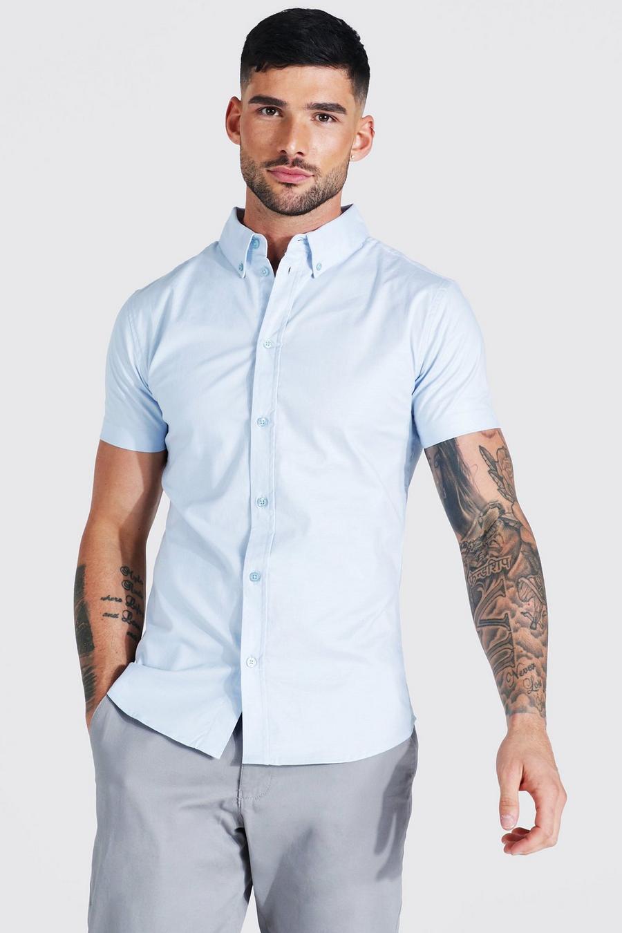 Blue Short Sleeve Plain Oxford Muscle Shirt image number 1