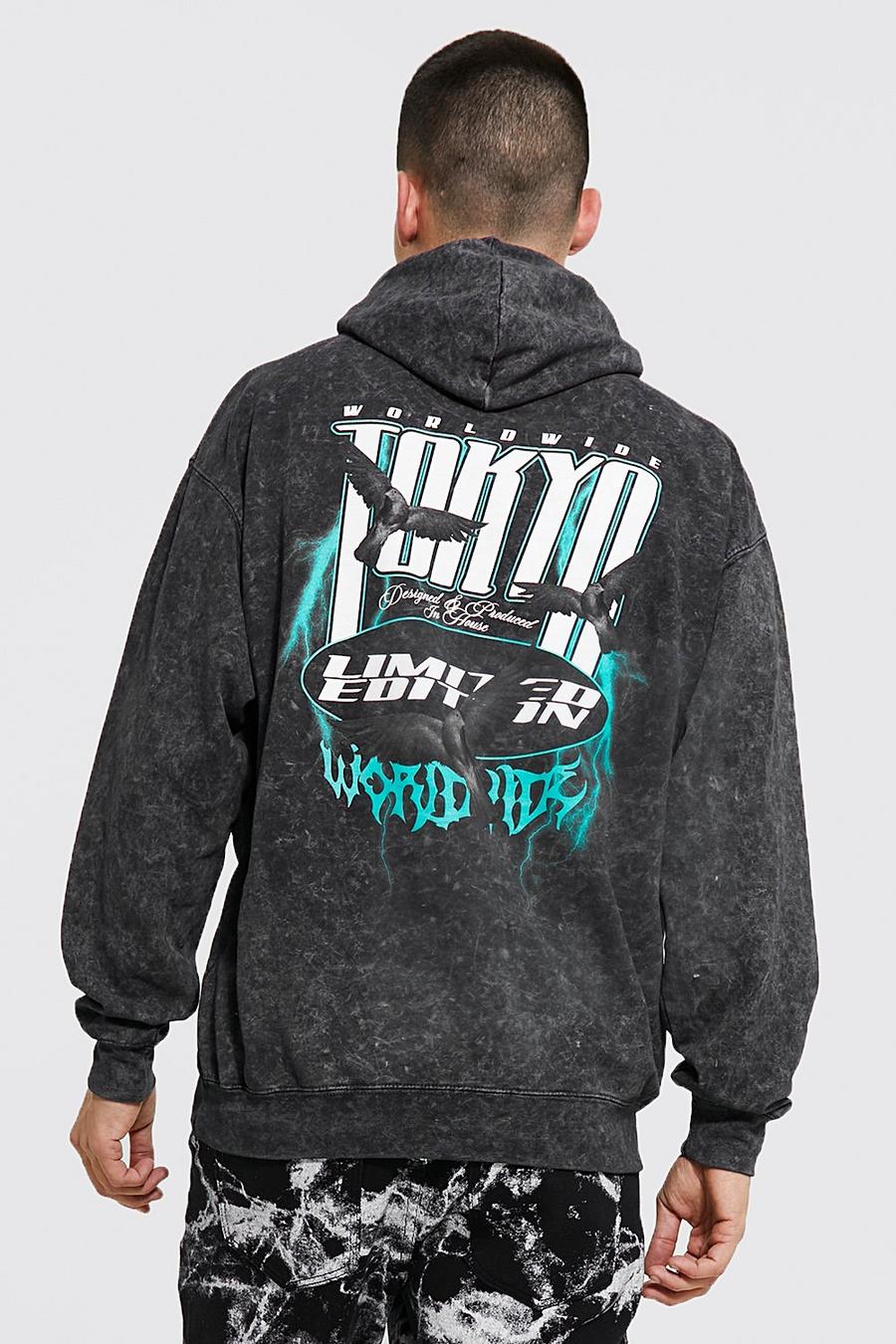 Black Tokyo Oversize hoodie med stentvättad effekt och tryck bak image number 1