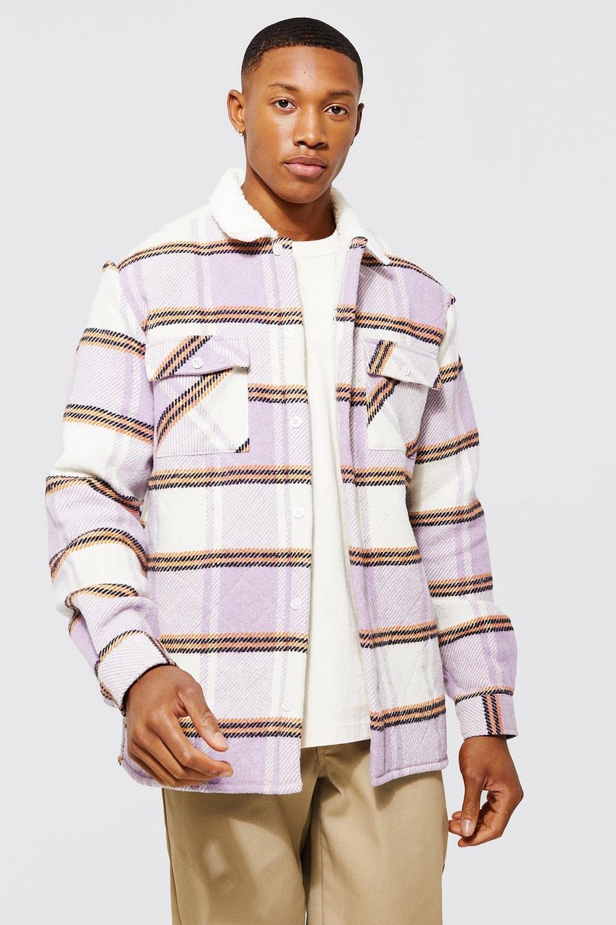 Lilac Heavy Weight Check Borg Lined Overshirt image number 1