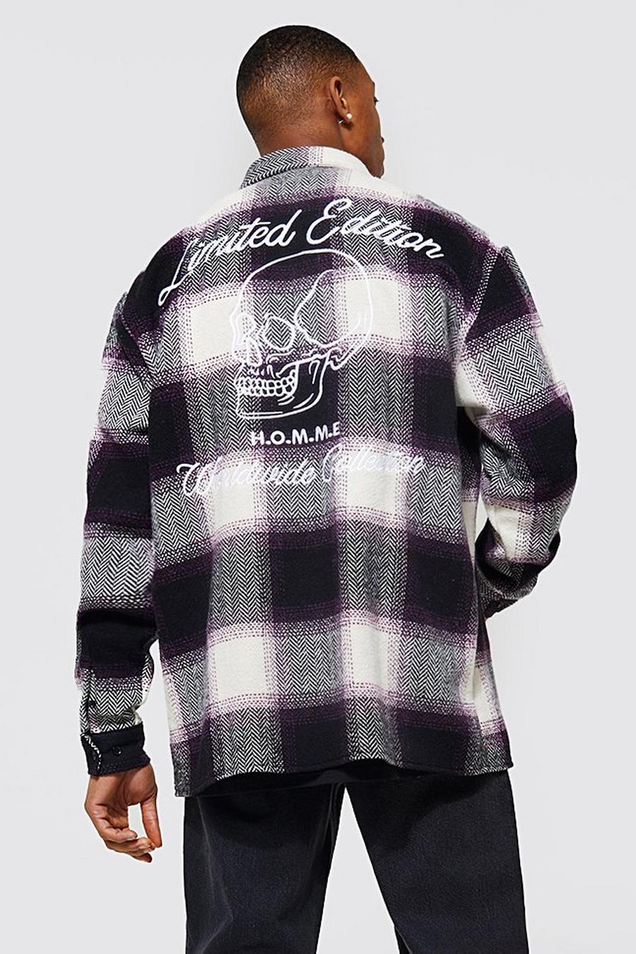 Black Oversized Check Shirt With Skull Embroidery