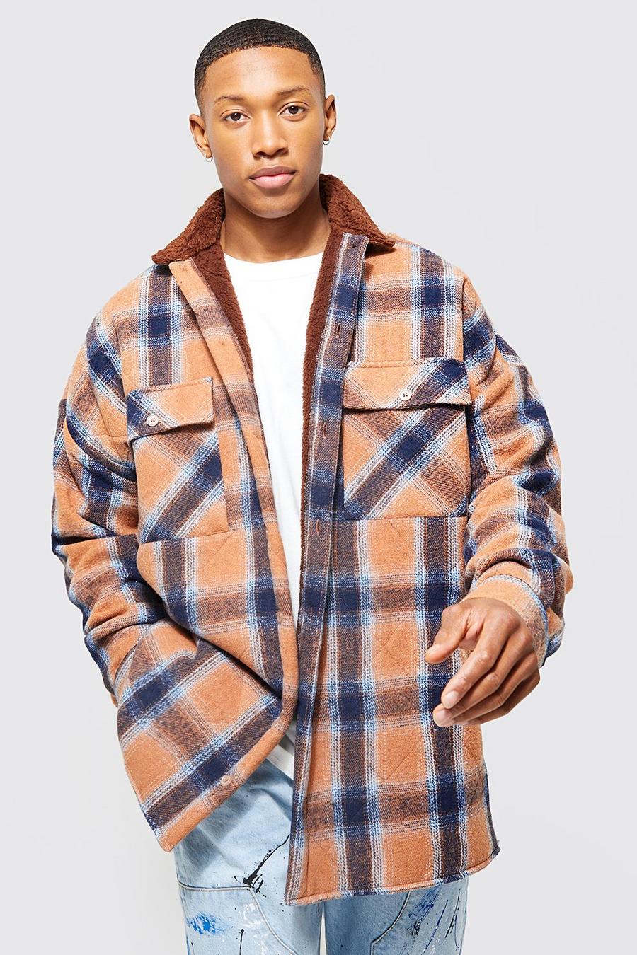 Brown Oversized Heavy Weight Check Borg Lined Overshirt image number 1