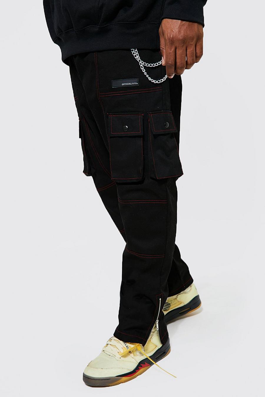 Black Plus Contrast Stitch Cargo Trouser With Chain image number 1
