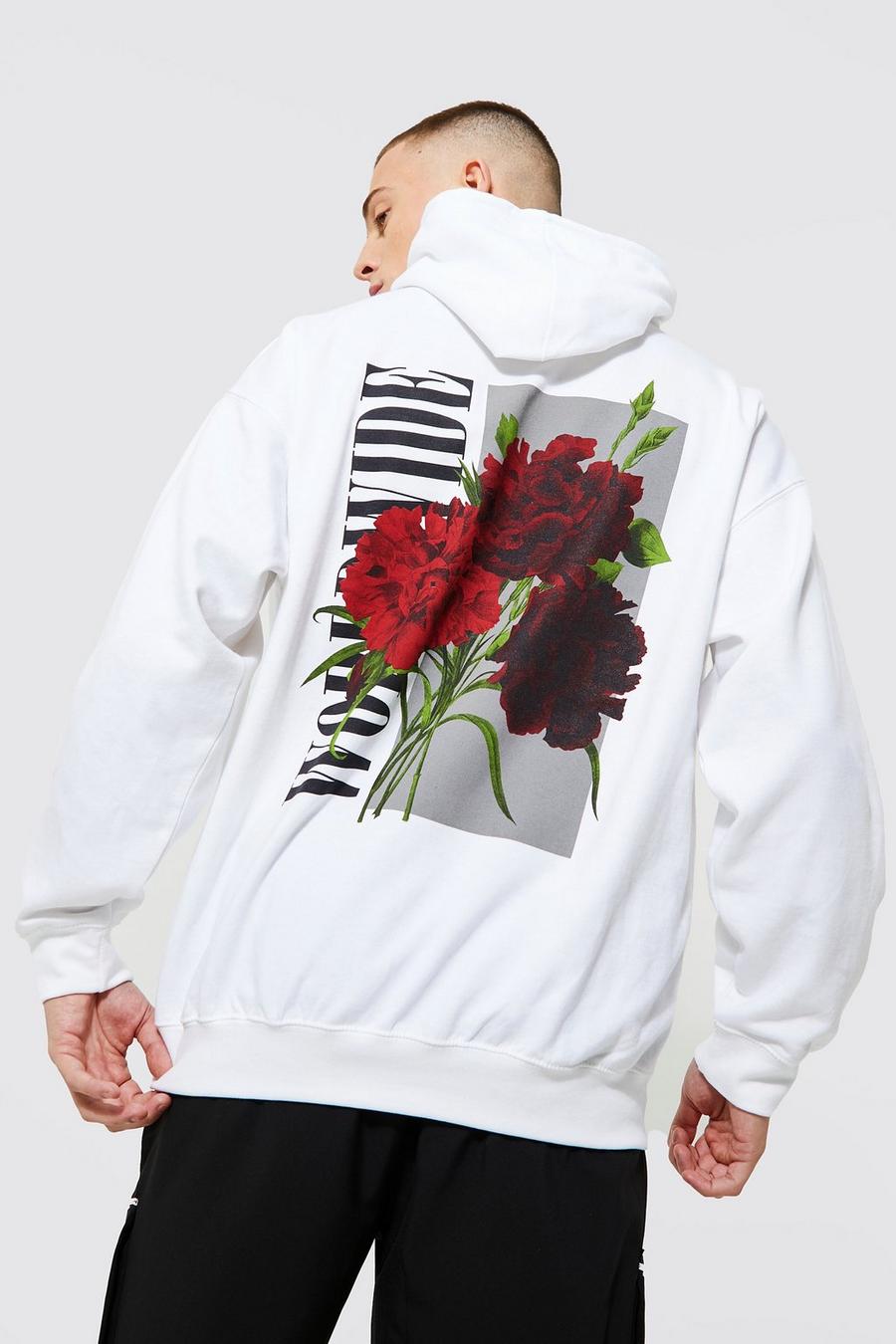 White Oversized Worldwide Floral Back Print Hoodie image number 1