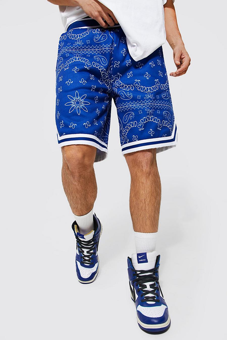 Pantaloncini da basket in fantasia a bandana con coste sportive, Cobalt azzurro