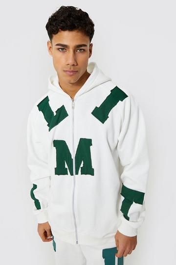 Oversized Applique Letter Zip Hoodie ecru