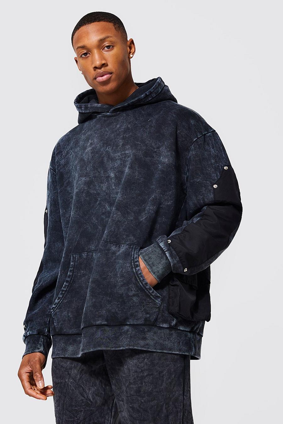 Charcoal grau Oversized Washed Worker Panel Hoodie