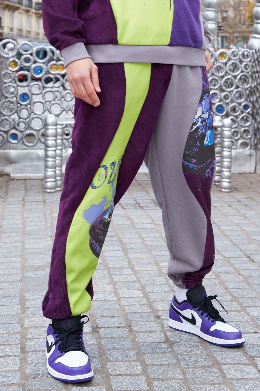 Pantaloni tuta oversize in jersey effetto patchwork con grafica, Grey grigio