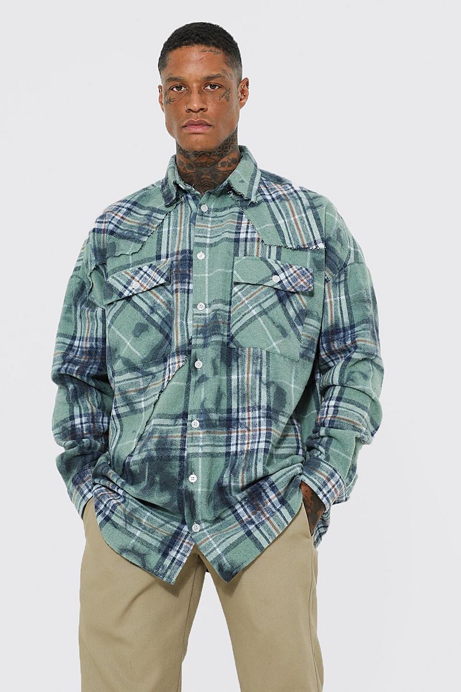 Blue Oversized Heavy Weight Distressed Spliced Check Overshirt image number 1