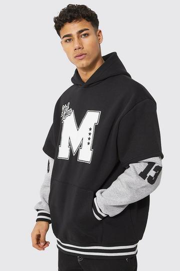 Oversized Faux Layer M Badge Hoodie black