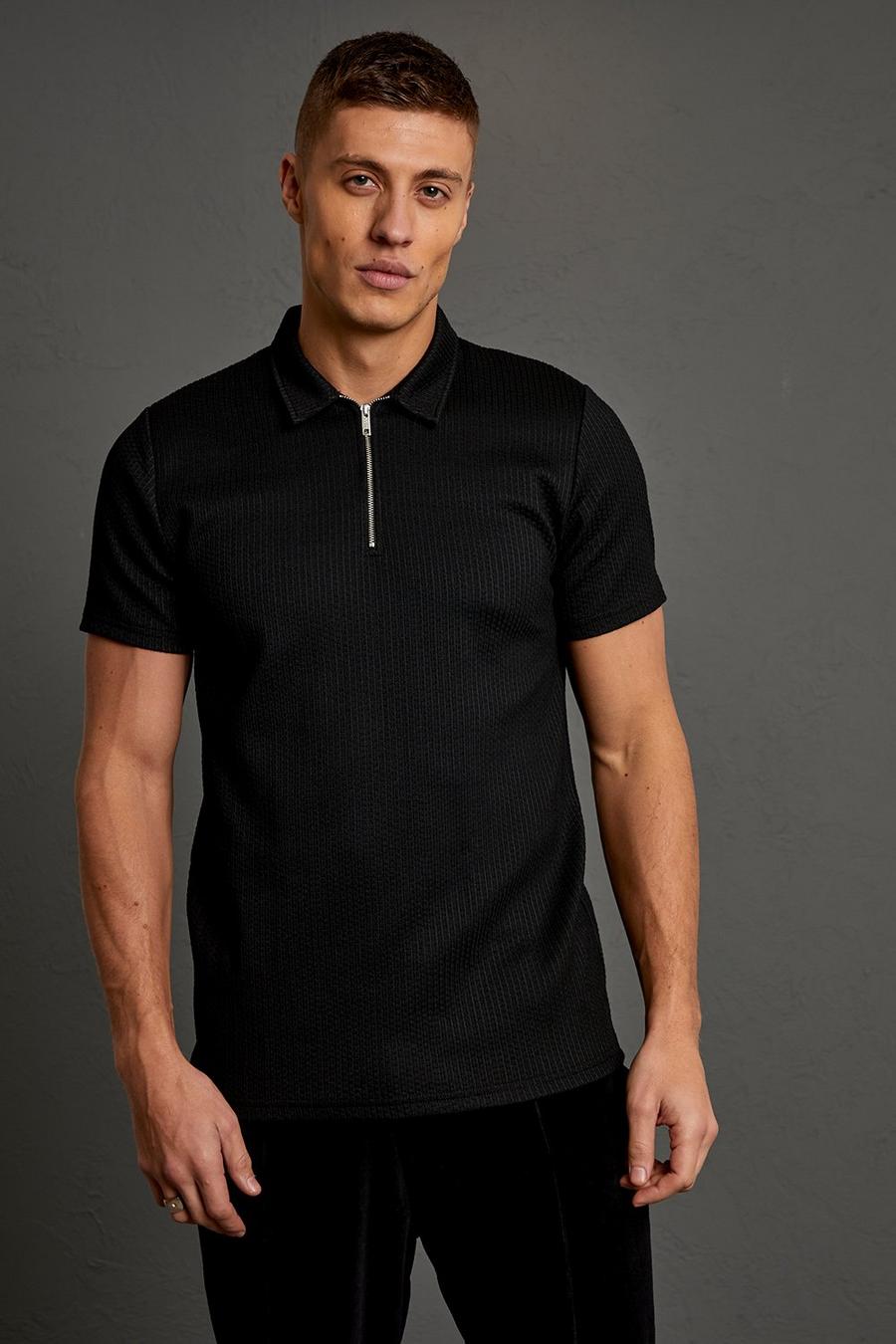 Polo Slim Fit in jacquard con zip, Black image number 1