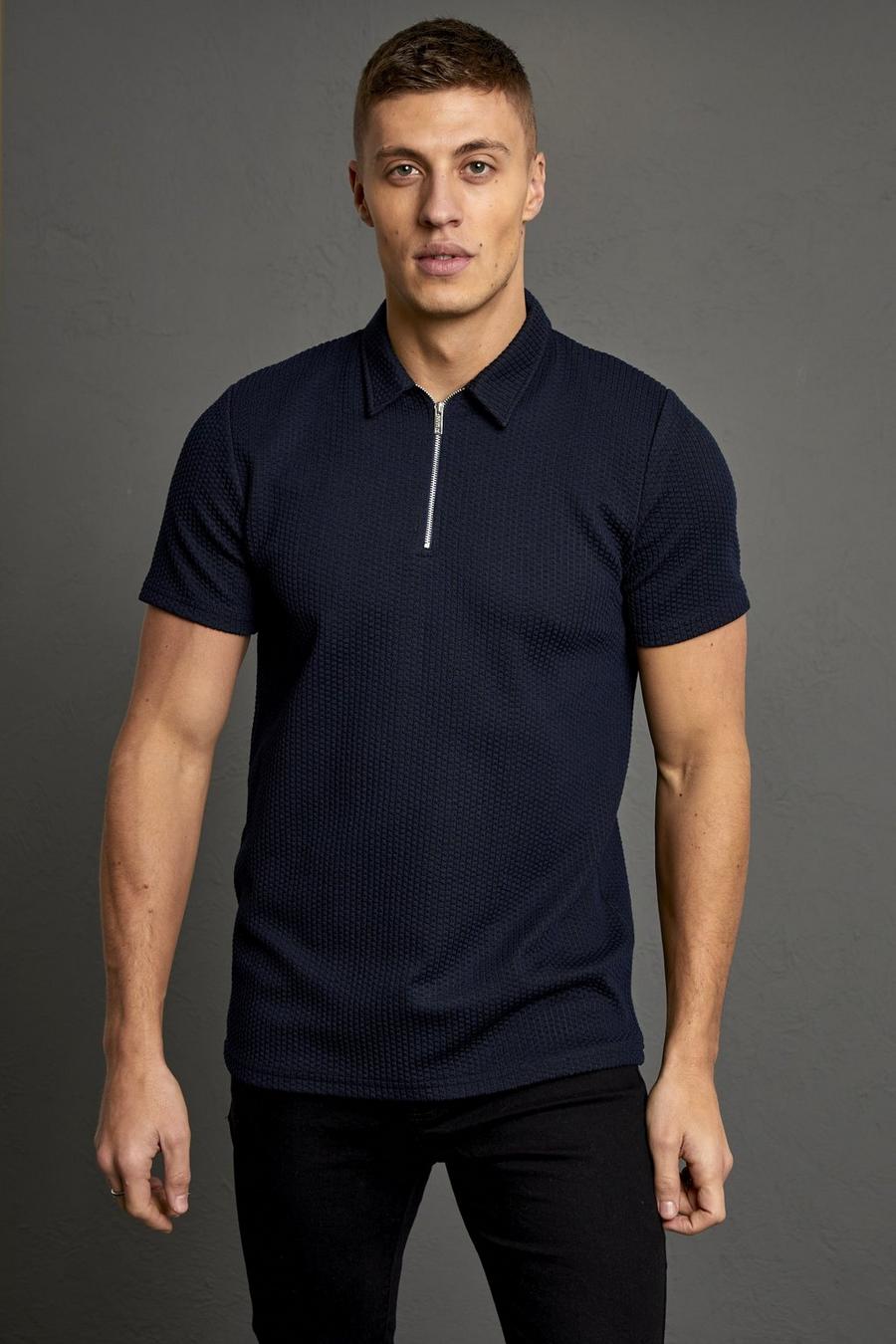 Navy Slim Fit Jacquard Polo Met Rits image number 1