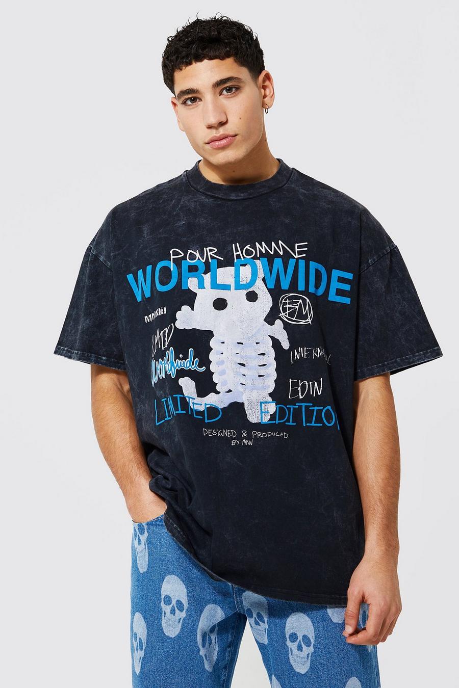 Charcoal Oversized Skeleton Bear Print T-shirt image number 1