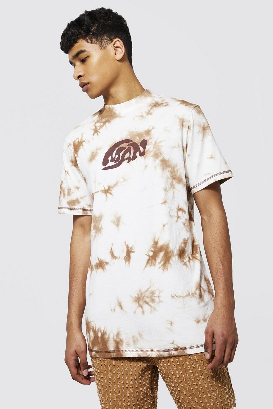 Brown Longline Tie Dye Man Print T-shirt image number 1