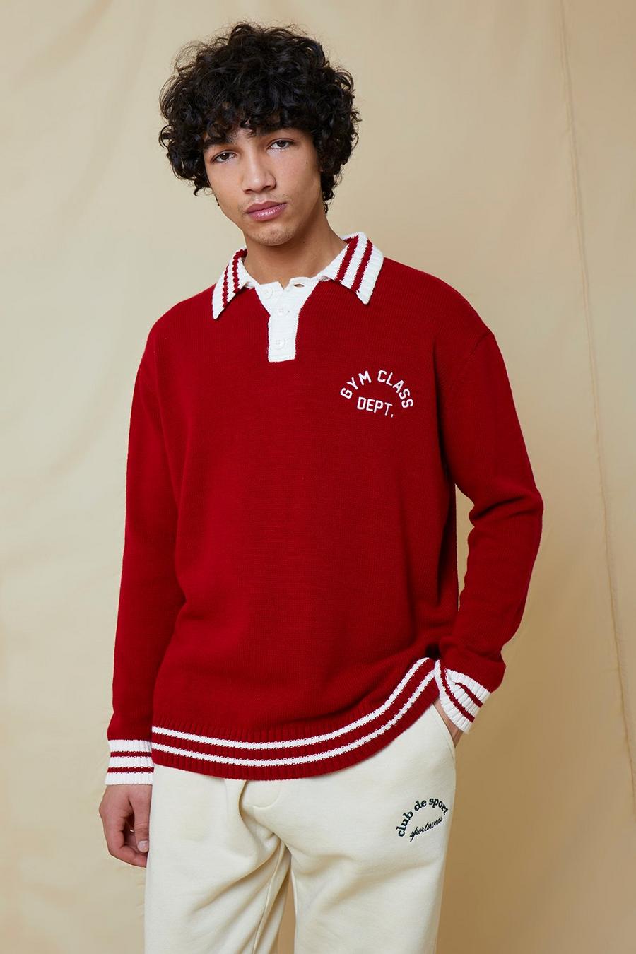 Red Oversized Varsity Embroidered Knitted Polo image number 1