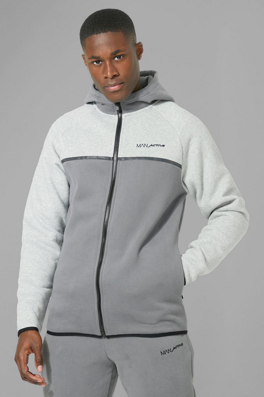 Charcoal grey Man Active Zip Through Colour Block Hoodie