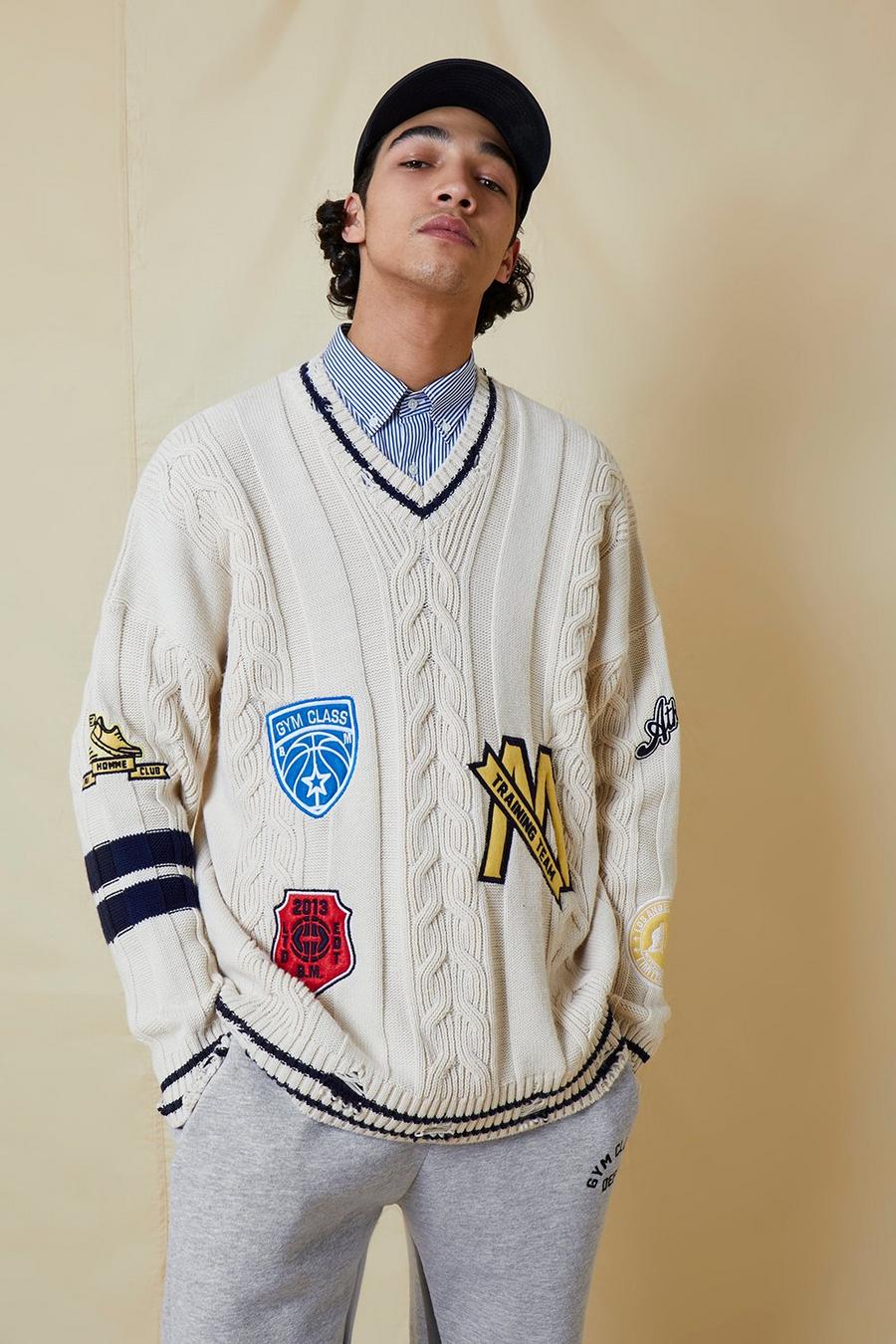 Cream Oversized Varsity Badge Cable Knit Jumper image number 1