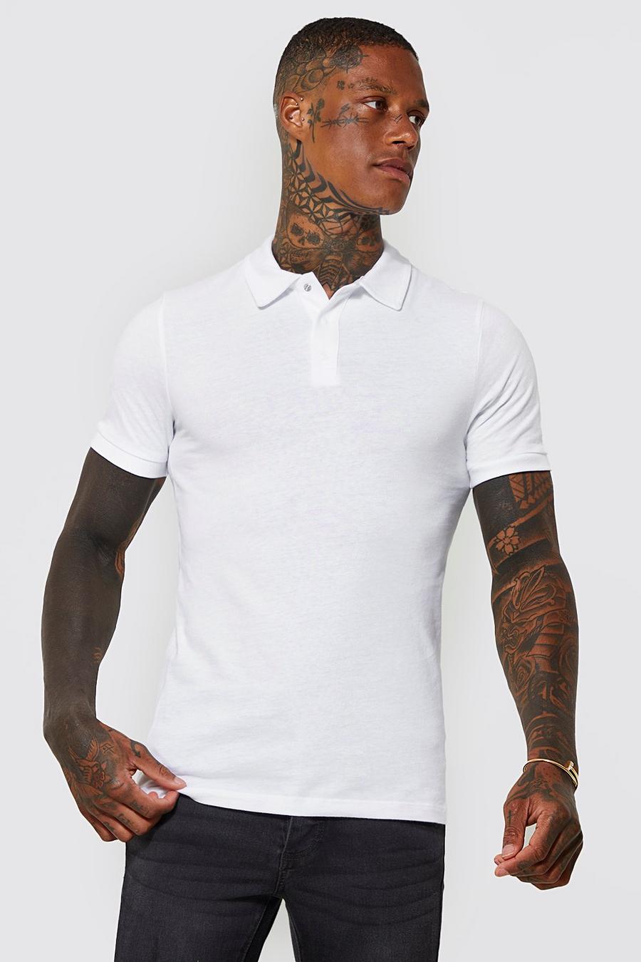 Polo de tela jersey aterciopelada ajustado al músculo con botones de presión, White blanco image number 1
