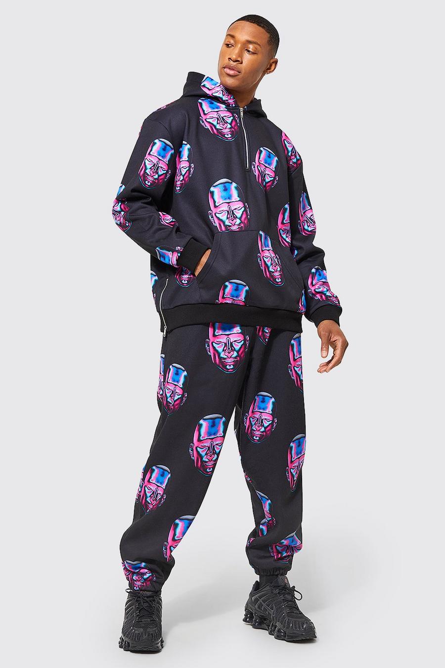 Black Oversized Graphic Zip Detail Tracksuit image number 1