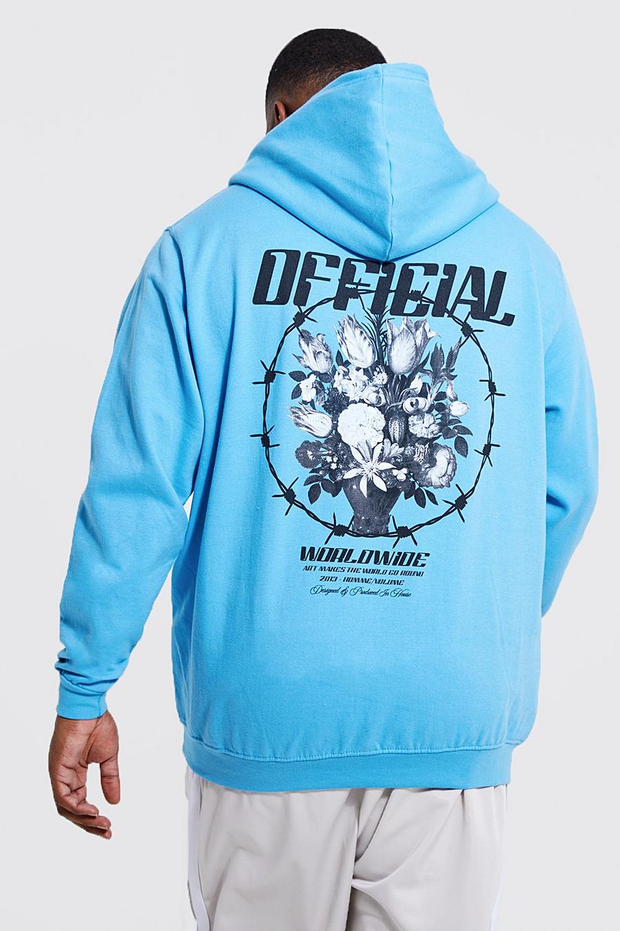 Light blue azul Plus Floral Barbed Wire Back Print Hoodie