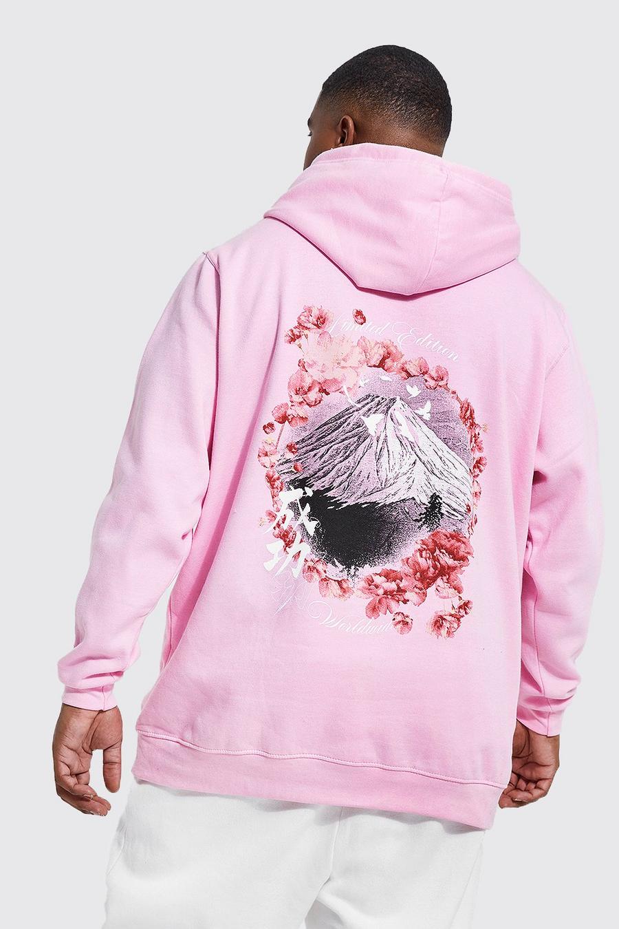 Felpa Plus Size con stampa di fiori di ciliegio e monte Fuji sul retro e cappuccio, Light pink rosa
