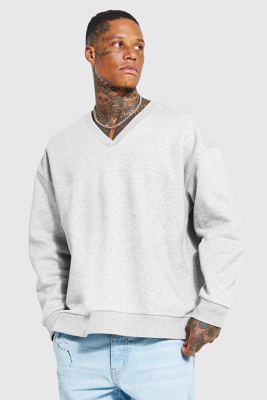 Oversize Sweatshirt mit V-Ausschnitt, Grey marl image number 1