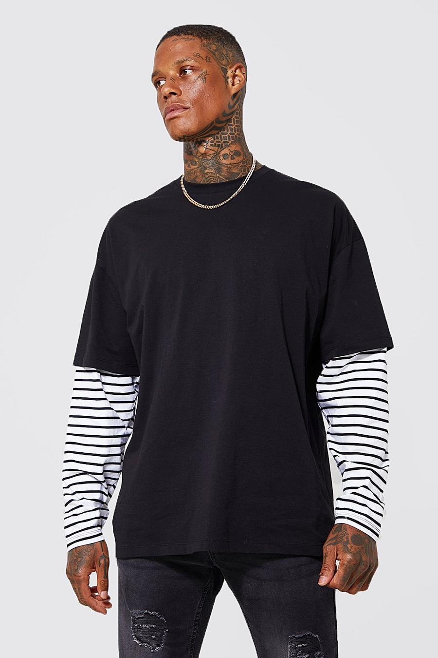 Black Oversized Stripe Faux Layer T-shirt image number 1