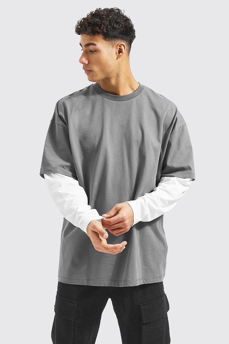 Slate grey Oversized Faux Layer Long Sleeve T-shirt