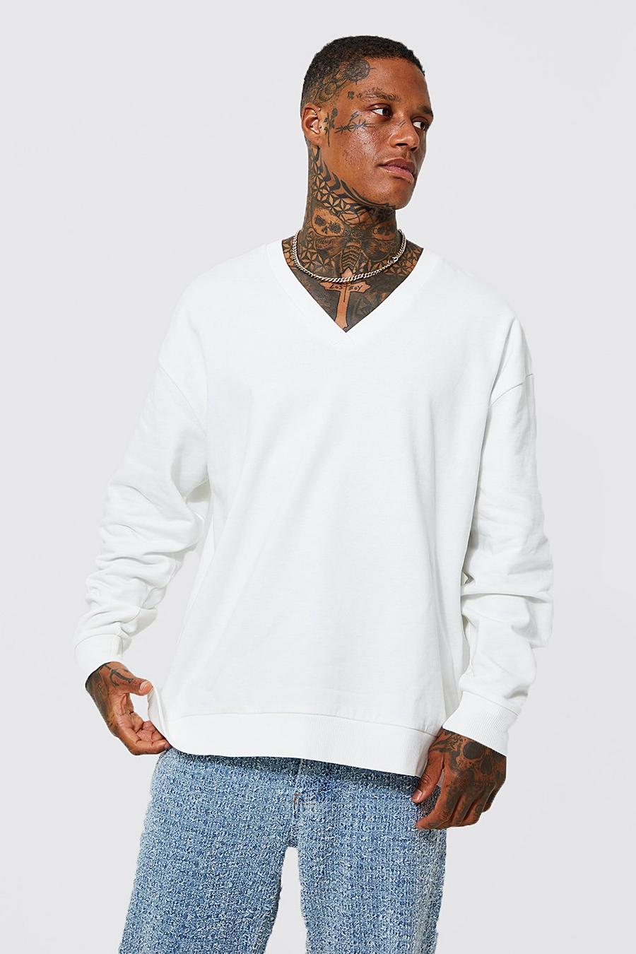 Ecru Oversized Drop Shoulder V Neck Sweater image number 1