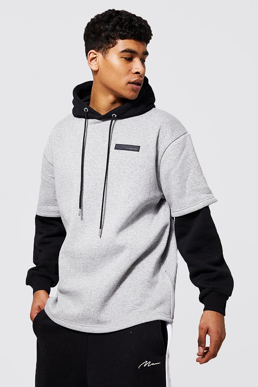 Grey marl Oversized Faux Layer Hoodie With Tab