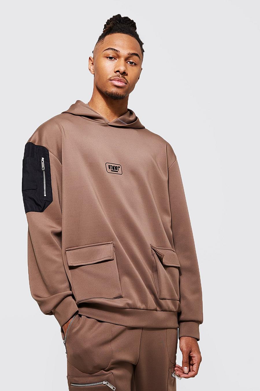 Taupe Oversized Scuba Cargo Hoodie With Nyon Pocket image number 1