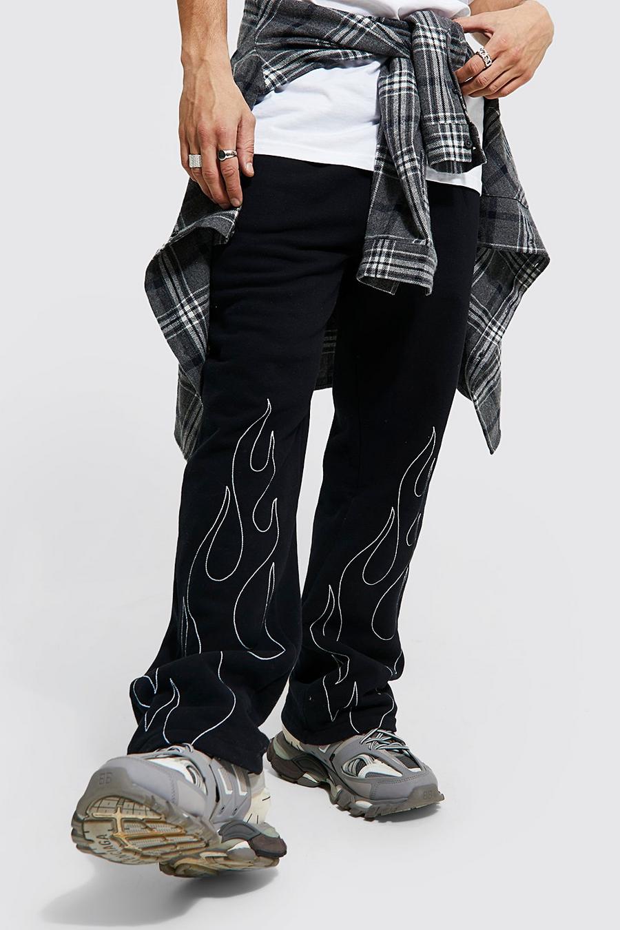 Pantalón deportivo holgado con costuras de llamas, Black image number 1