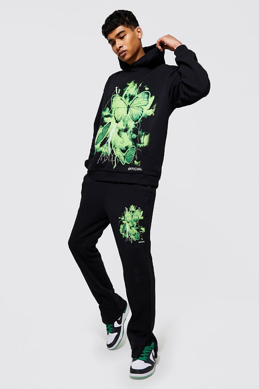 Black Oversized Butterfly Graphic Hooded Tracksuit image number 1