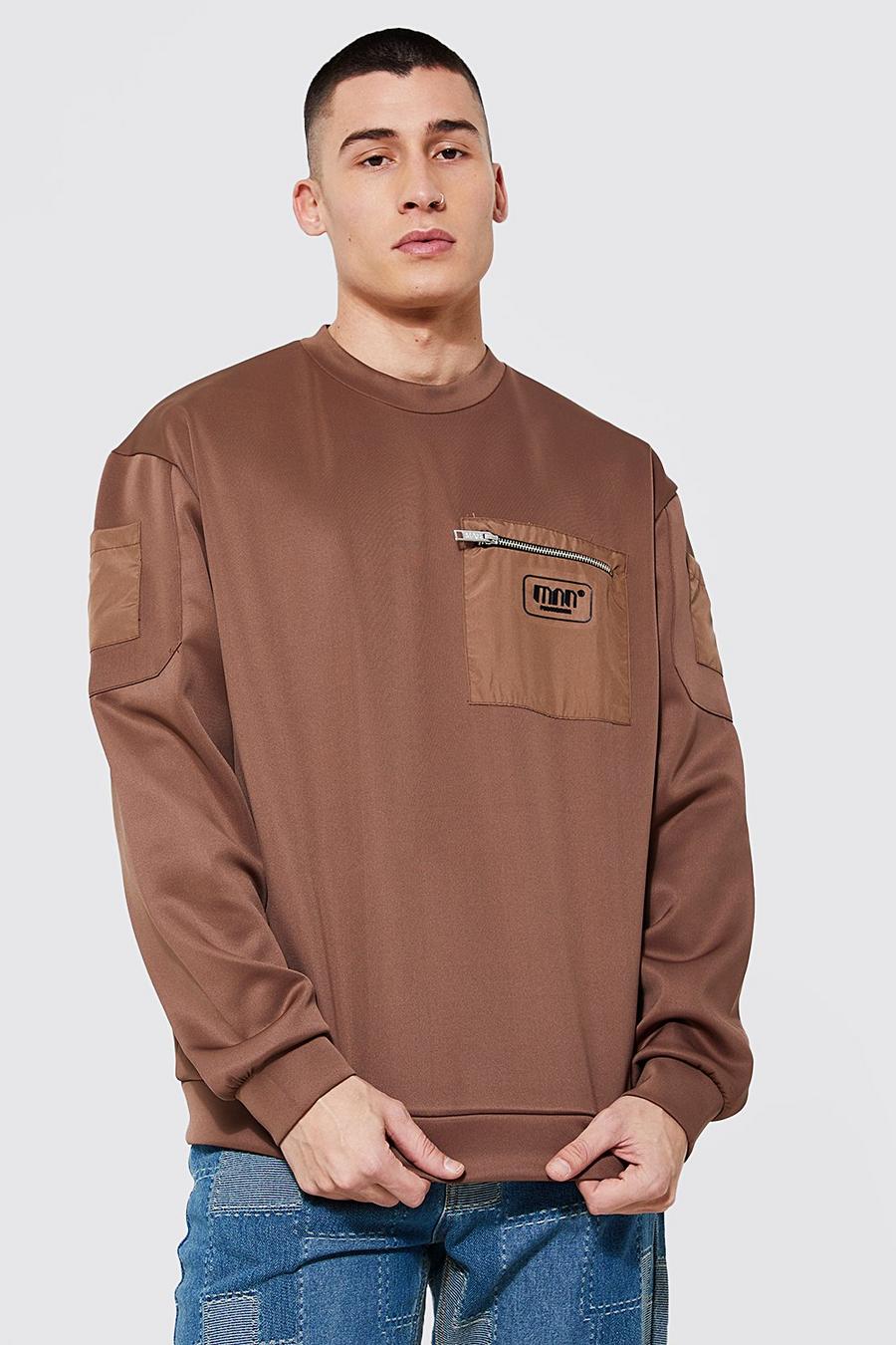 Taupe Scuba Extended Neck Nylon Pocket Sweater image number 1