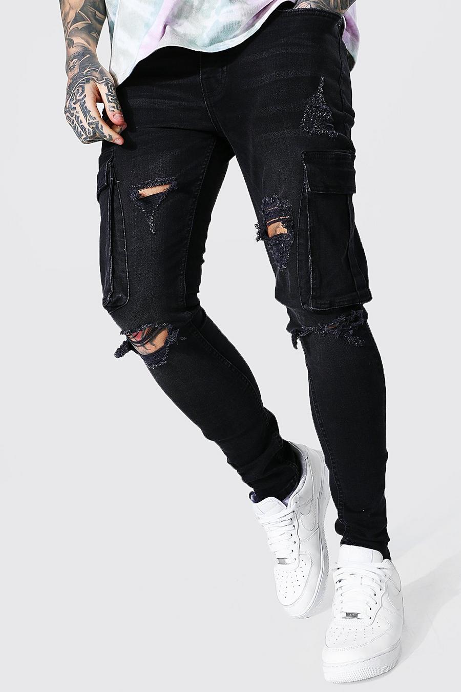 Womens Mens Clothing Mens Jeans Skinny jeans Black Boohoo Denim Super Skinny Cargo Jean With Knee Rips in Washed Black 