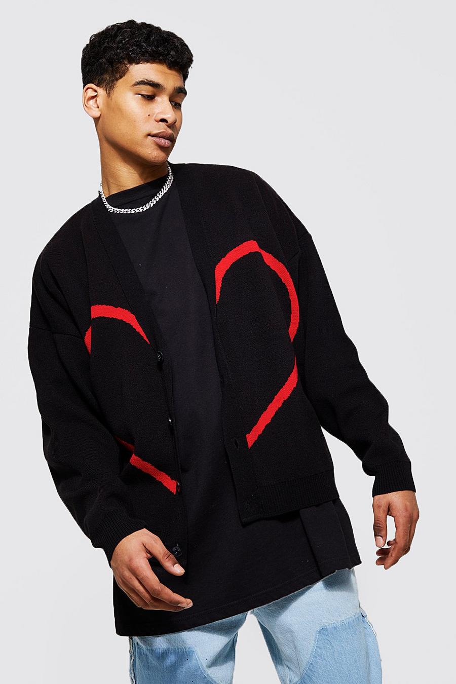 Black Oversized Heart Graphic Knitted Cardigan image number 1