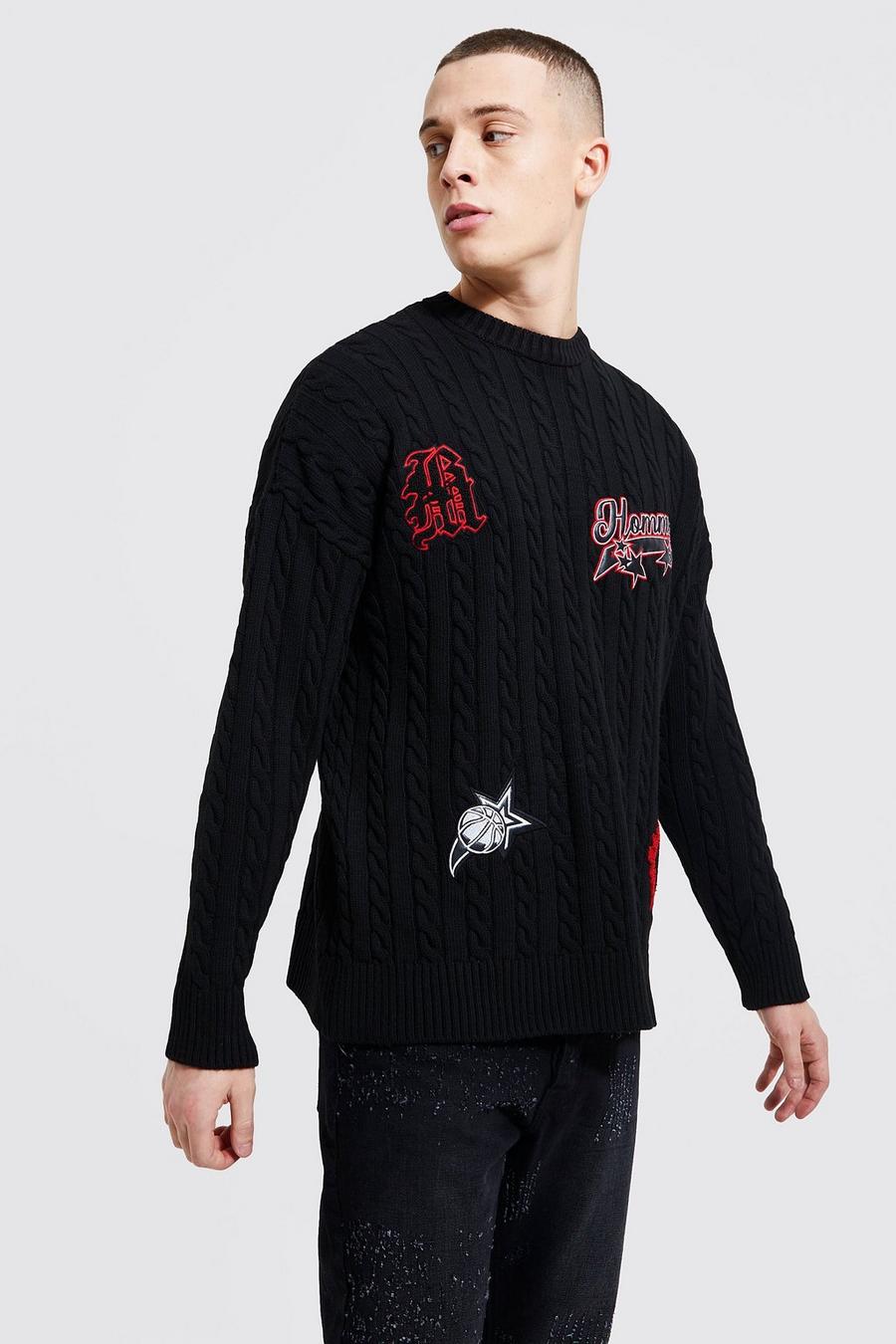 שחור סוודר אוברסייז סרוג בסריגת צמה עם טלאים אוברסייז image number 1