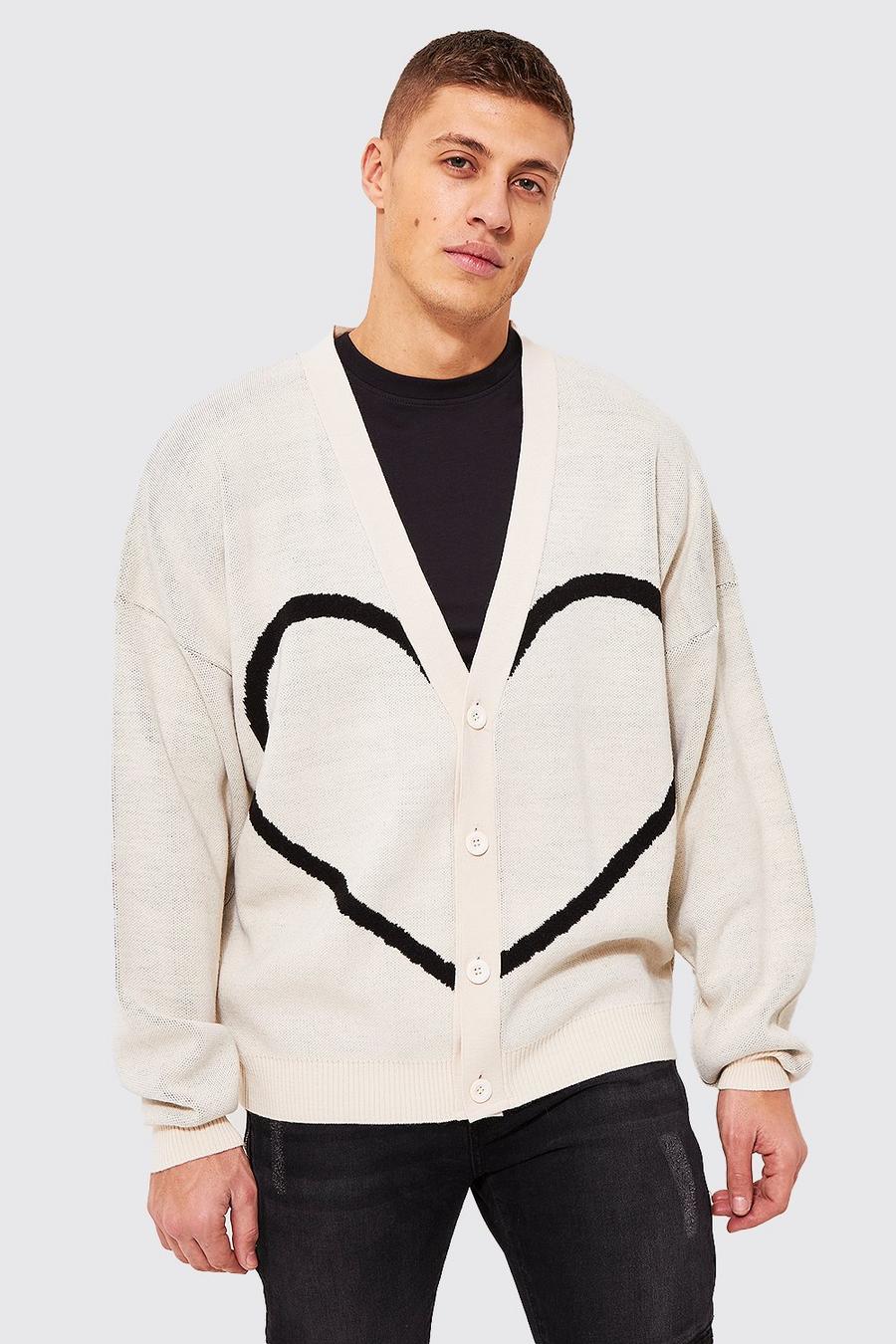 Cream Oversized Heart Graphic Knitted Cardigan image number 1