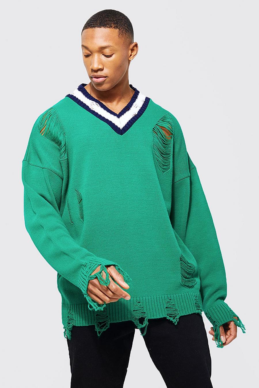 Green Distressed V Neck Striped Knitted Jumper image number 1