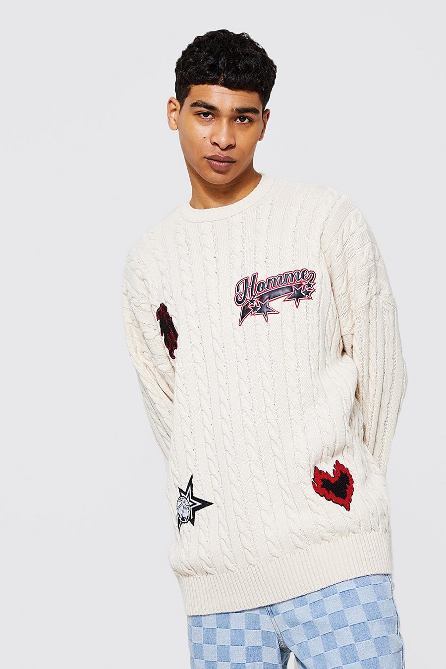 Cream white Oversized Cable Knitted Jumper With Badges