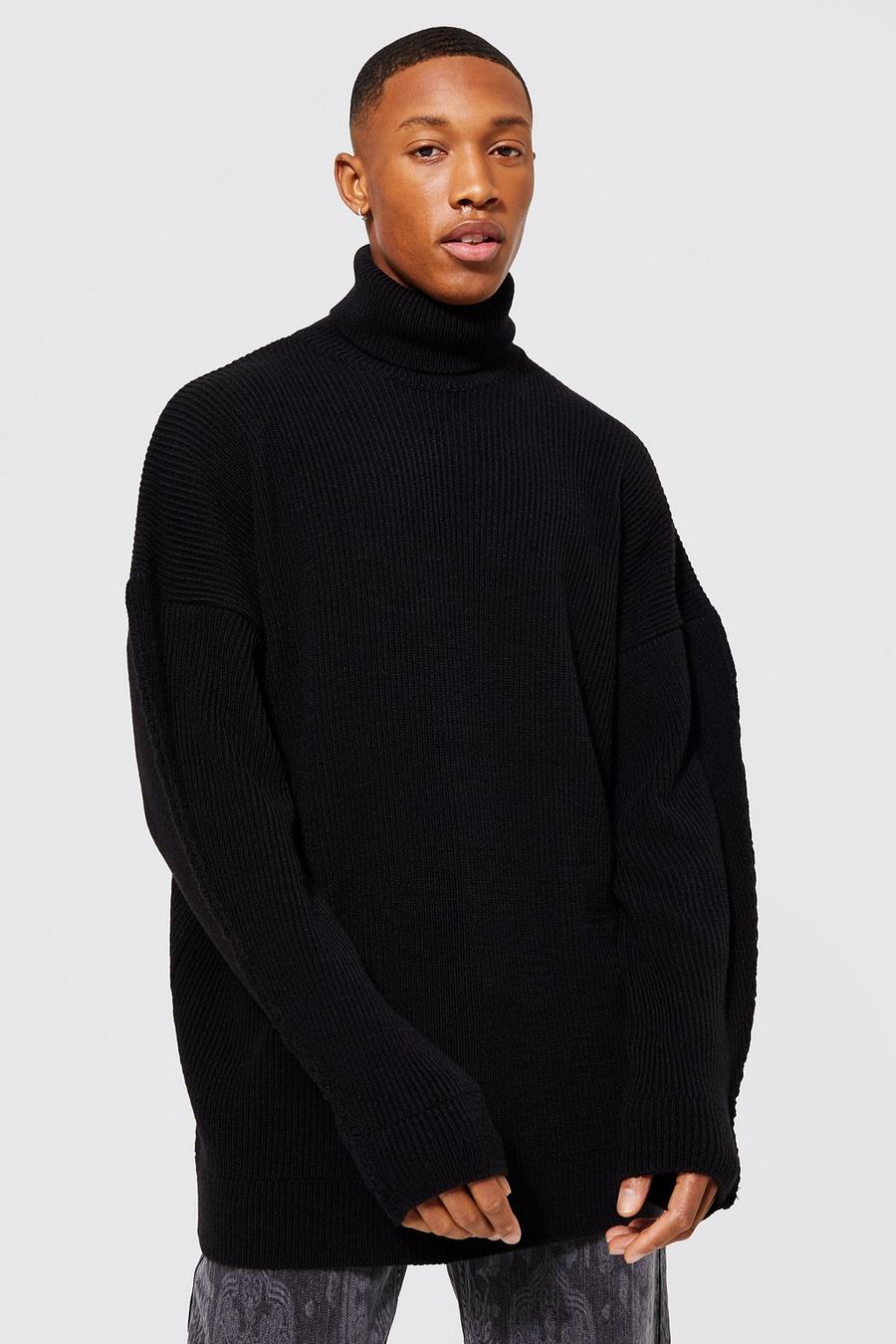 Black Oversized Chunky Roll Neck With Exposed Seams