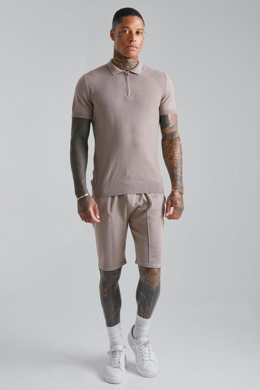 Taupe Short Sleeve Textured Knitted Polo & Shorts image number 1