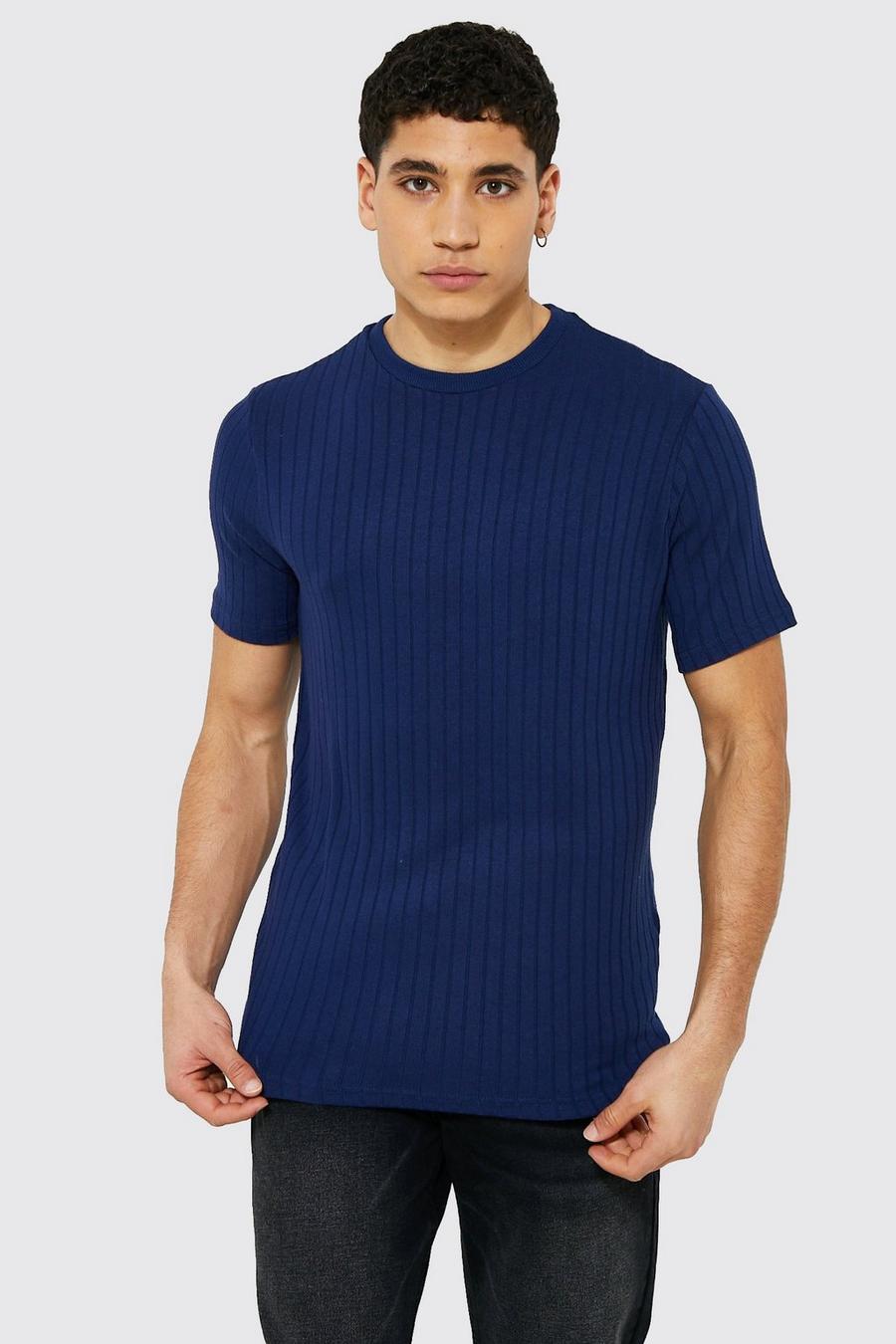 Geripptes T-Shirt, Navy marineblau