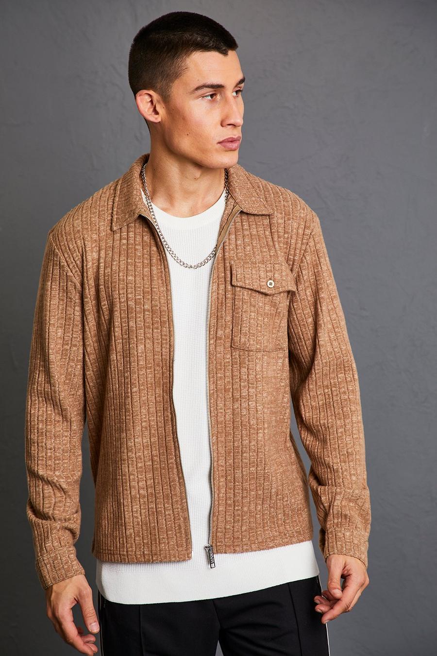 Taupe Ribbed Knitted Harrington Jacket With Pocket image number 1