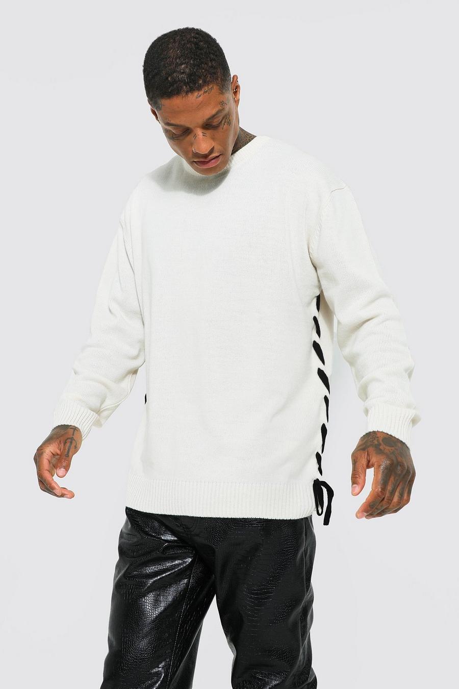 Ecru Oversized Knitted Jumper With Lace Up Detail image number 1