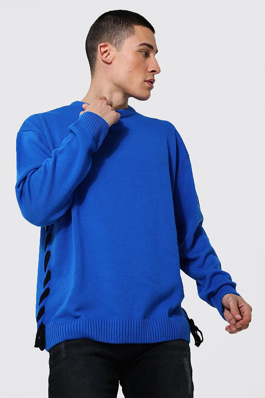 Cobalt Oversized Knitted Jumper With Lace Up Detail image number 1