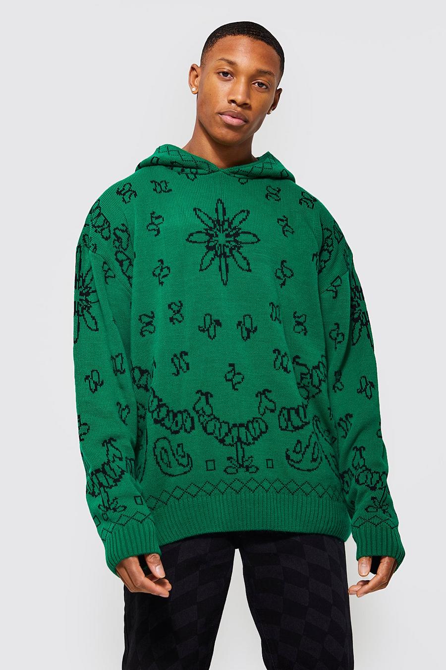 Green Oversized Knitted Bandana Hoodie image number 1