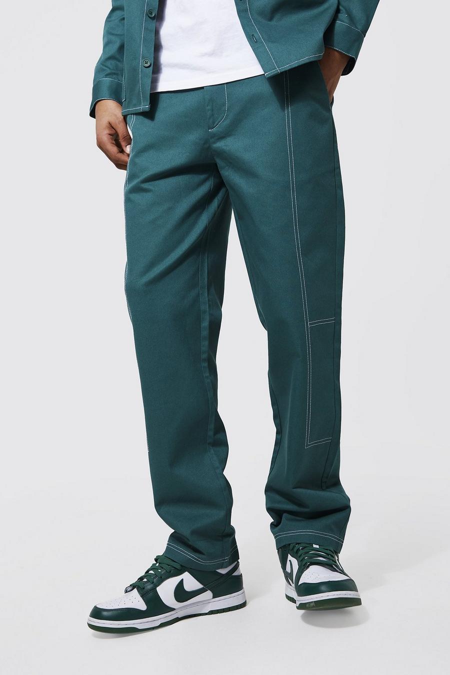 Pantaloni dritti in twill con cuciture a contrasto, Dark green image number 1