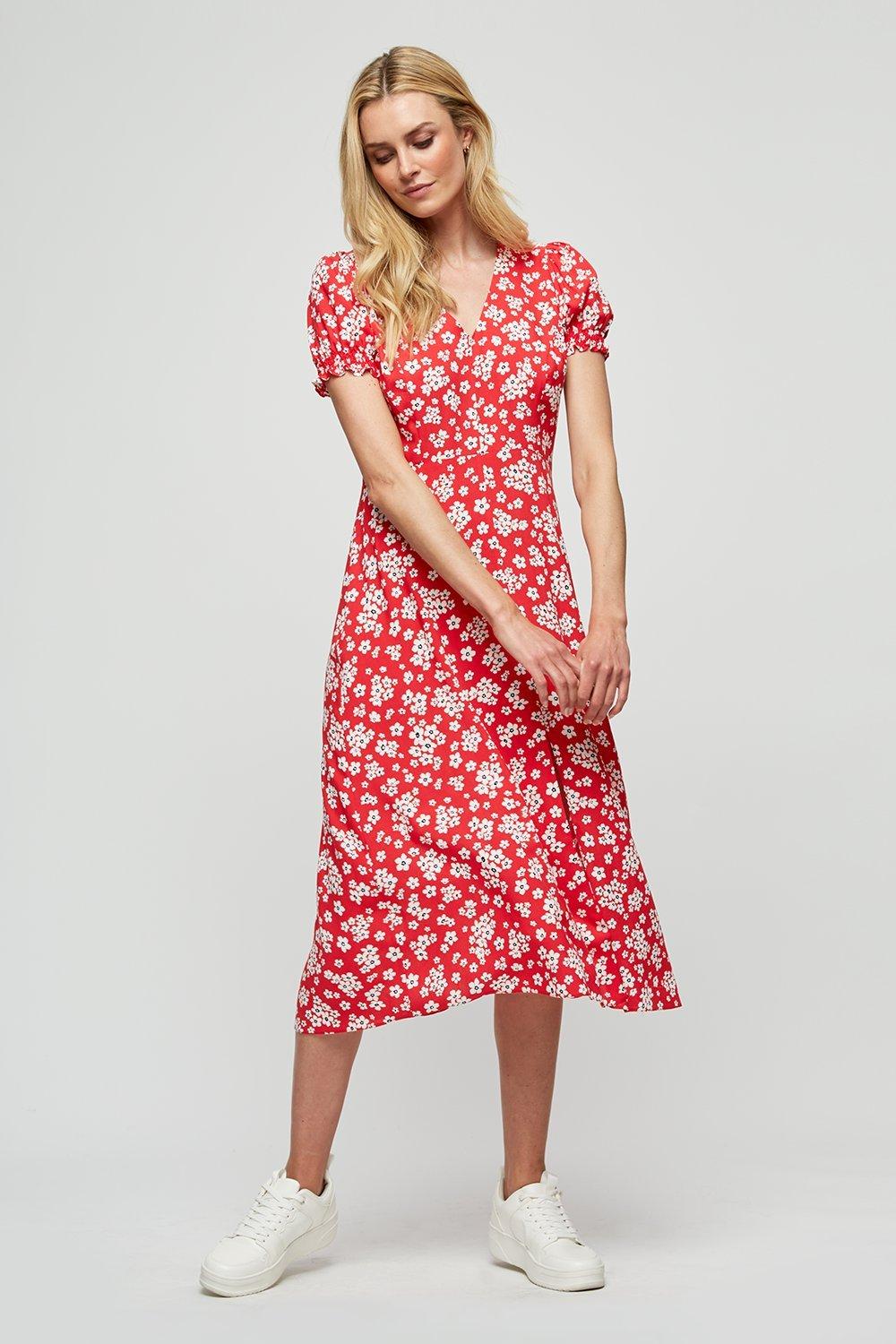 Dresses | Red Ditsy Short Sleeve Midi Dress | Dorothy Perkins