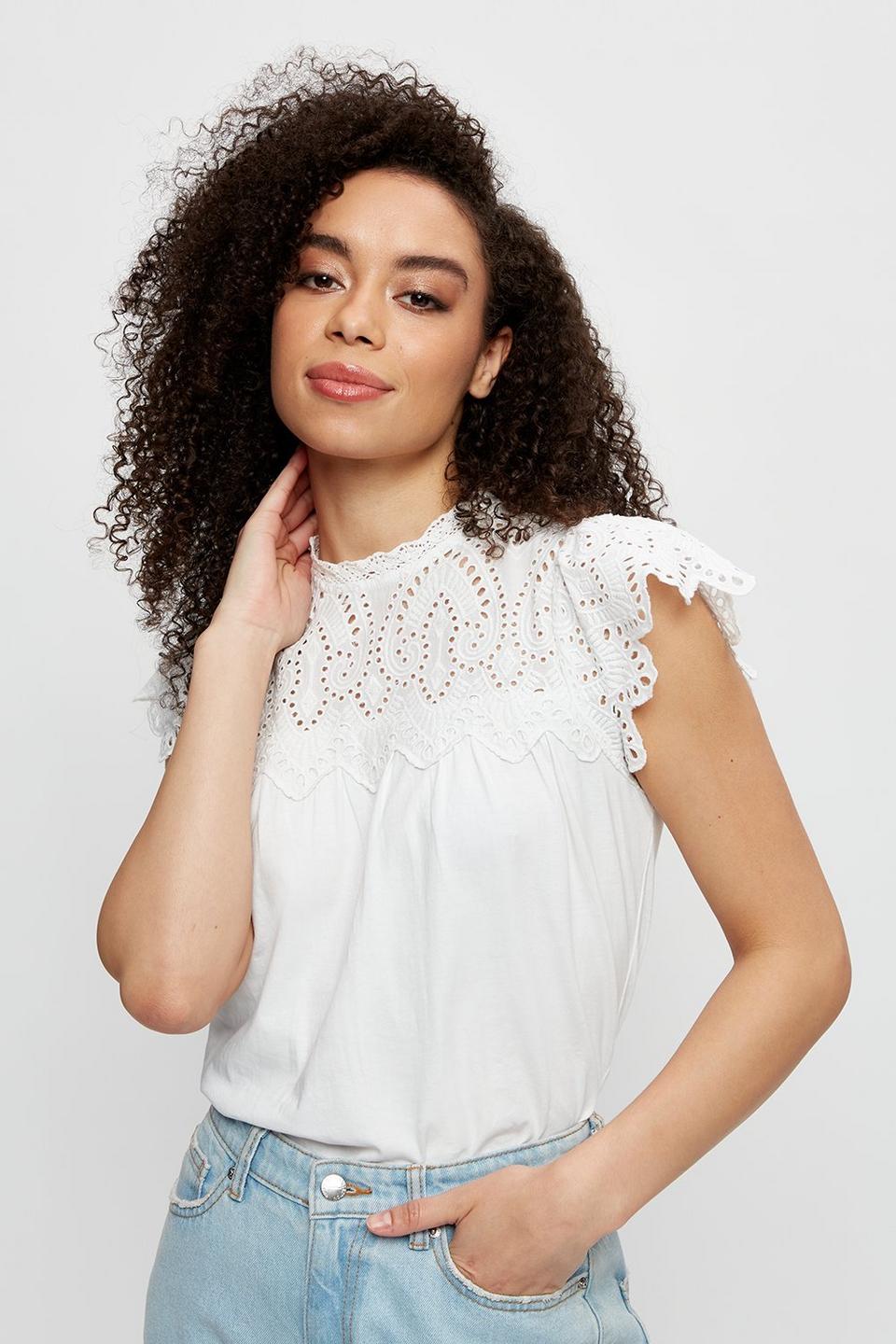 Tops | Ivory Broderie Yoke Cotton Shell Top | Dorothy Perkins